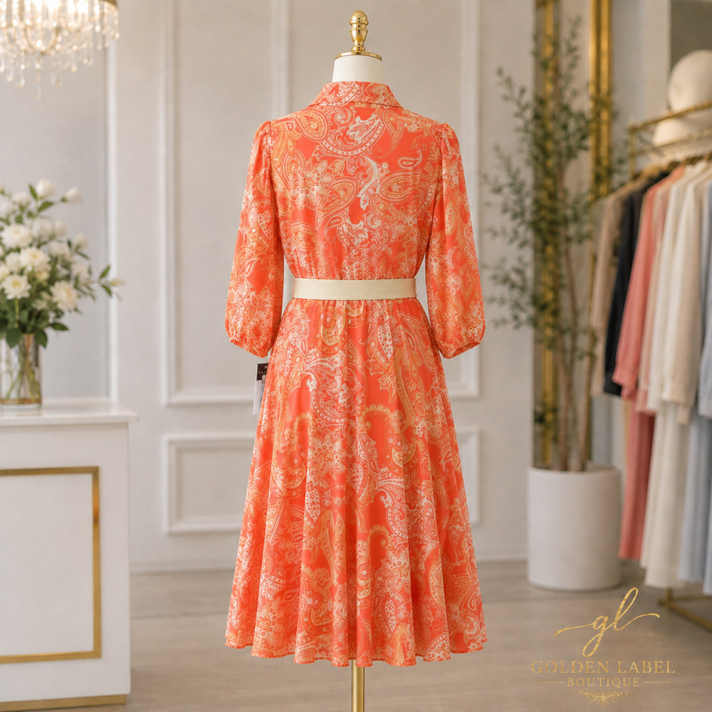 Tahari ASL Paisley Belted Fit & Flare Midi Dress Size 12 Coral Orange NWT - Picture 3 of 7
